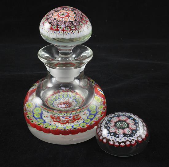 A large Murano millefleur glass inkwell paperweight, 18.5cm & 7.5cm